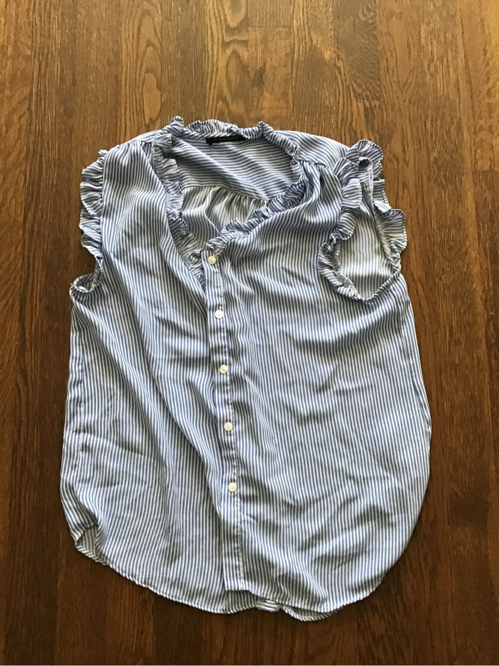 Tahari Blue & White Stripe Ruffle Sleeve Button-Front Top